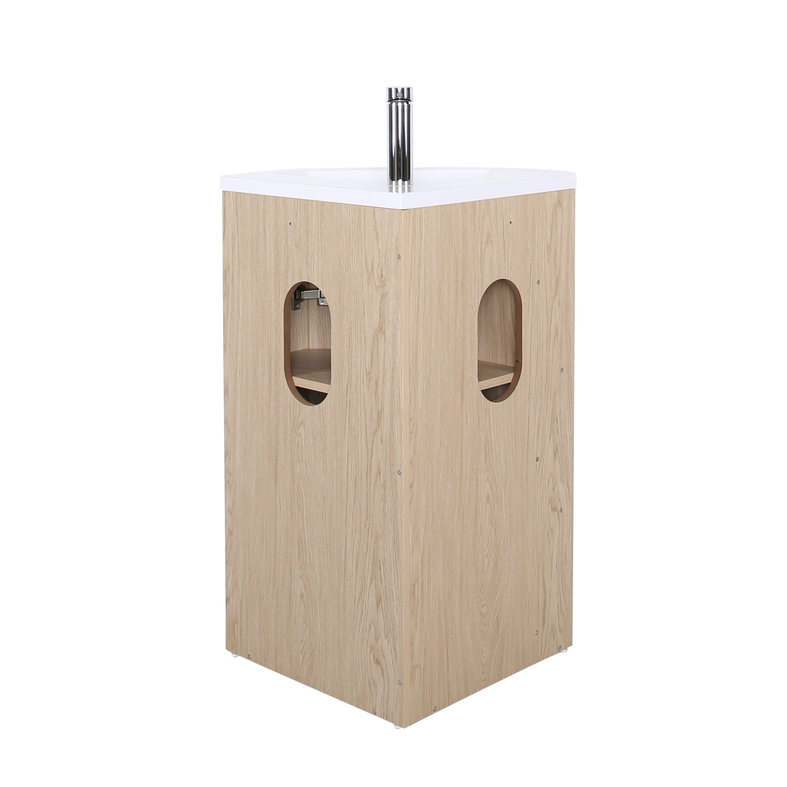 Ensemble meuble sous vasque d'angle sur pieds avec vasque en résine, robinet noir et armoire de toilette