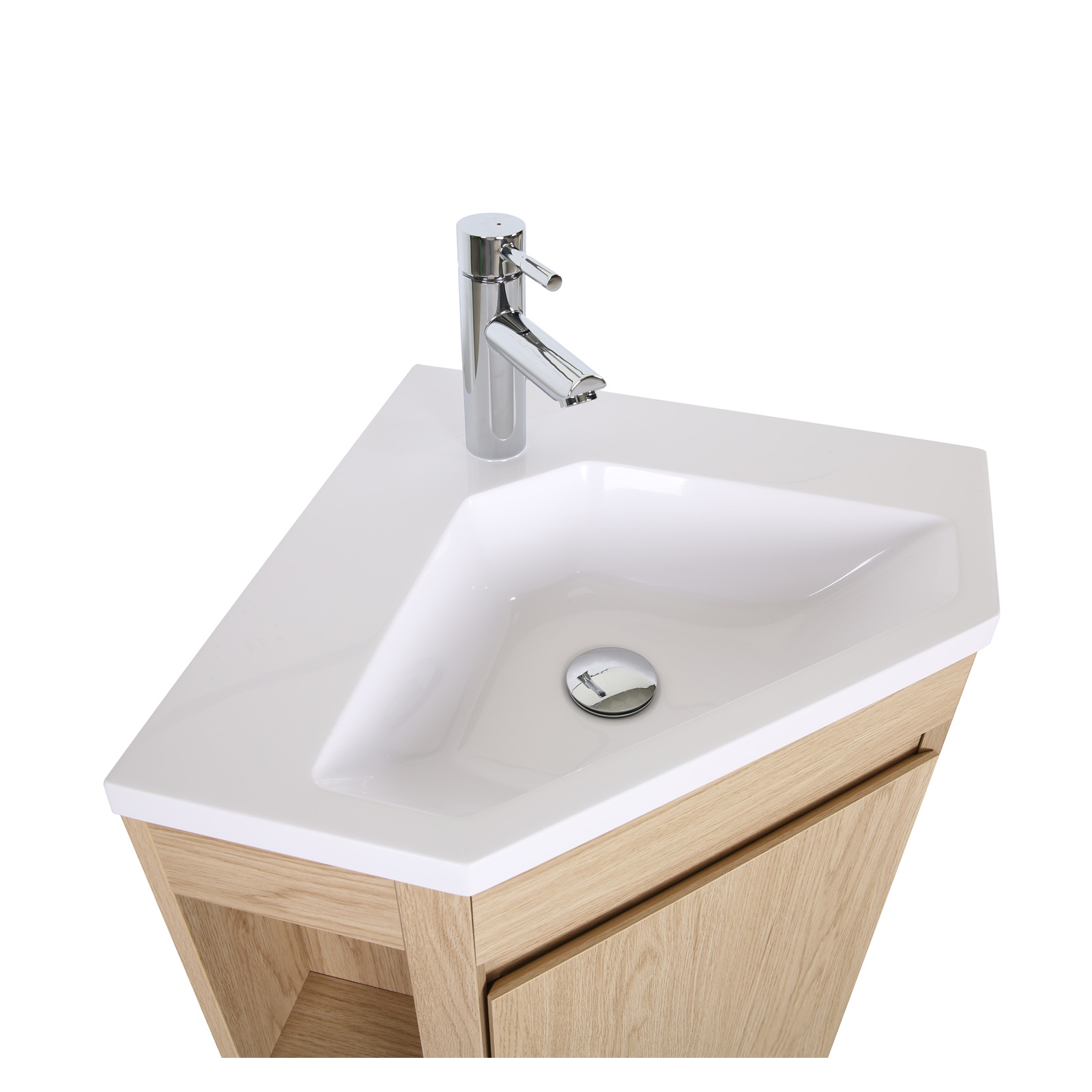 Ensemble meuble sous vasque d'angle sur pieds avec vasque en résine, robinet noir et armoire de toilette