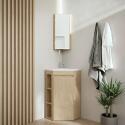 Ensemble meuble sous vasque d'angle sur pieds avec vasque en résine, robinet chromé et armoire de toilette