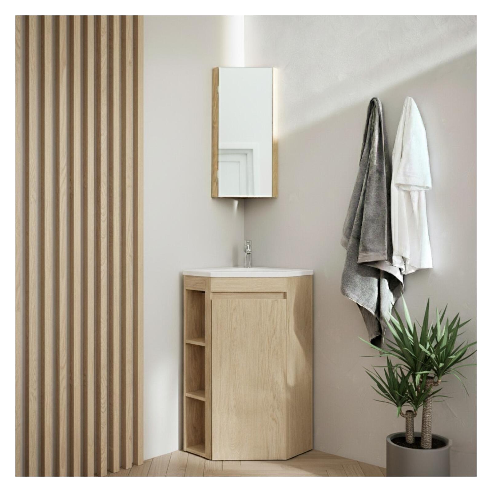 Ensemble meuble sous vasque d'angle sur pieds avec vasque en résine, robinet chromé et armoire de toilette