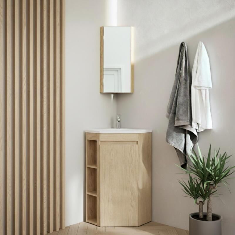 Ensemble meuble sous vasque d'angle sur pieds avec vasque en résine, robinet chromé et armoire de toilette