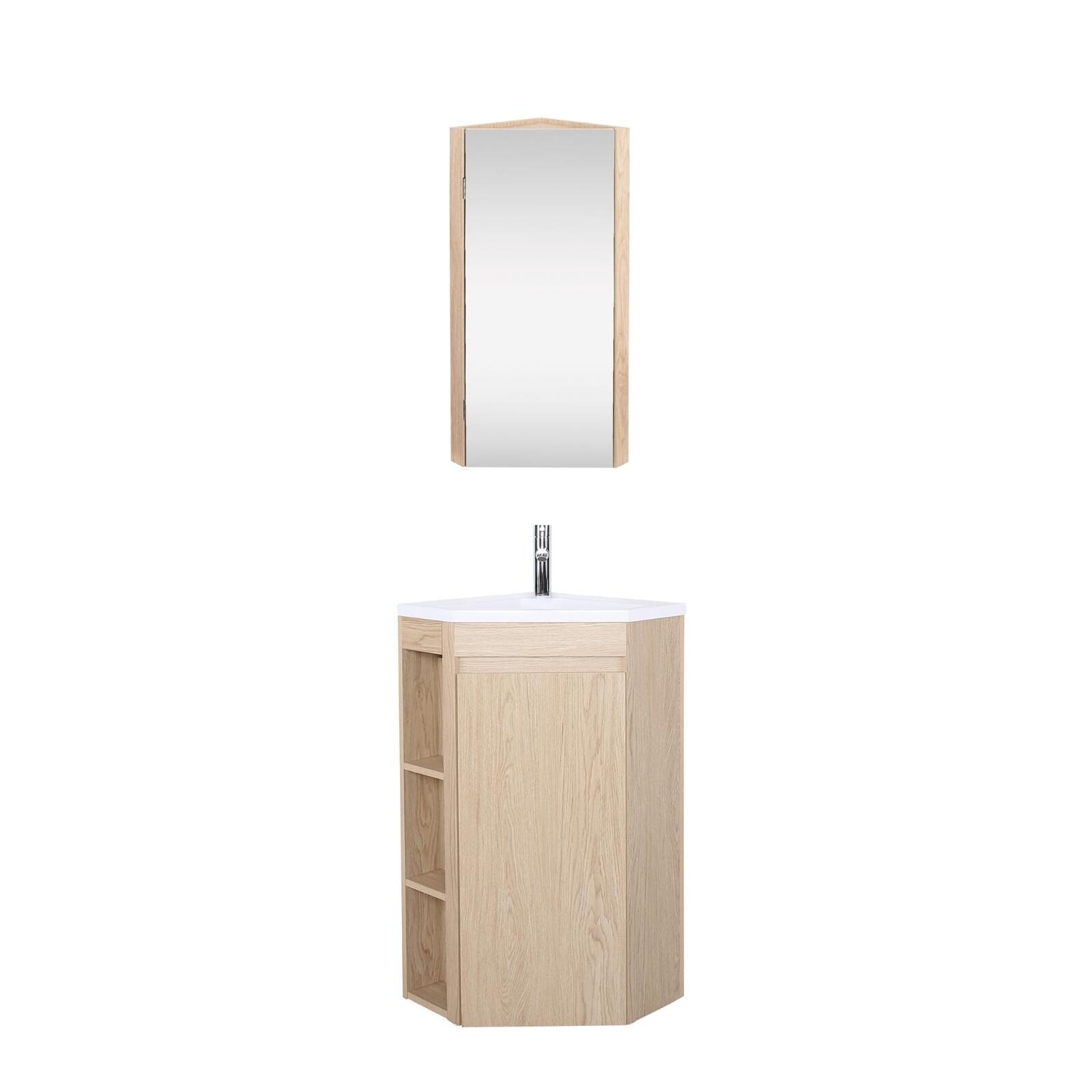 Ensemble meuble sous vasque d'angle sur pieds avec vasque en résine, robinet chromé et armoire de toilette