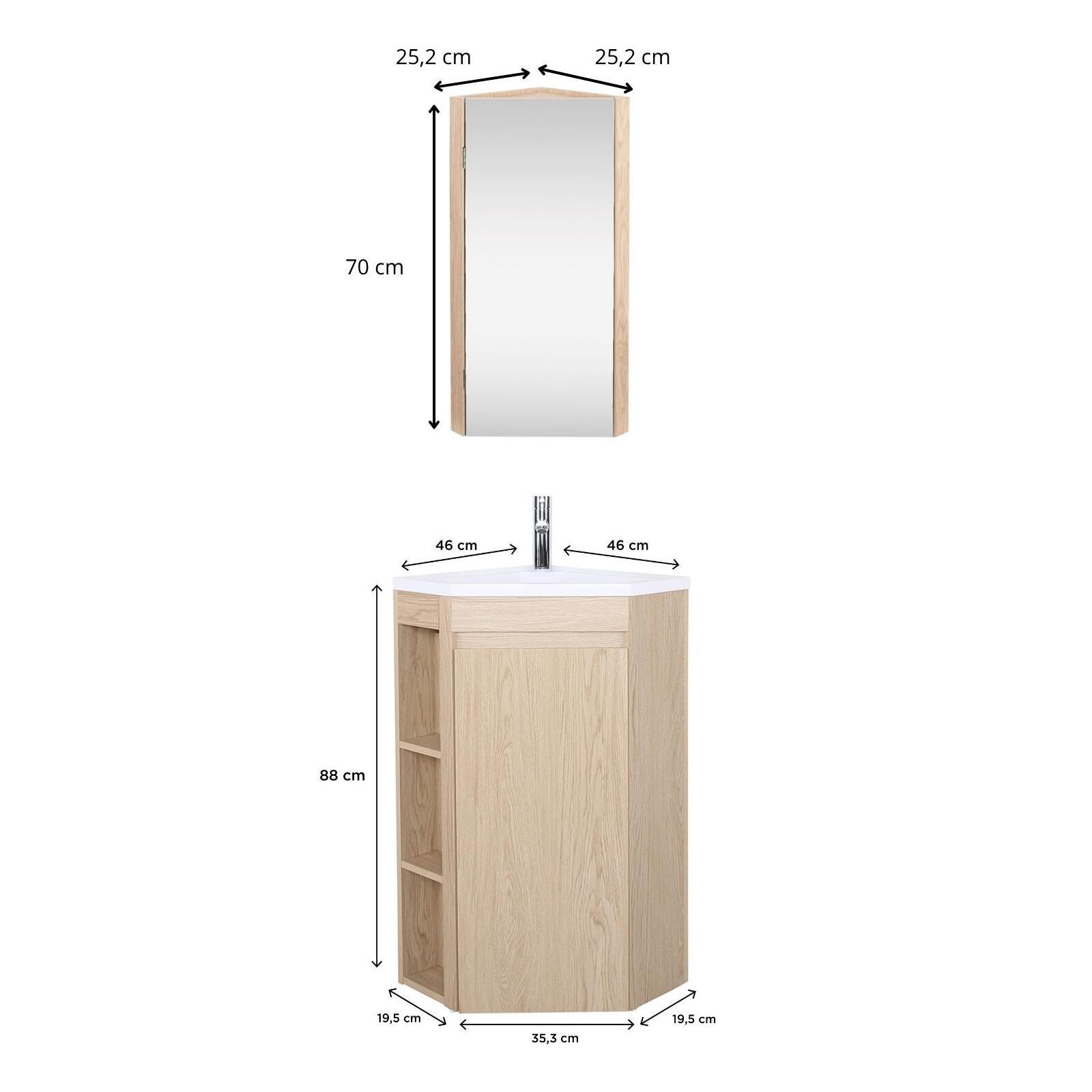 Ensemble meuble sous vasque d'angle sur pieds avec vasque en résine, robinet chromé et armoire de toilette