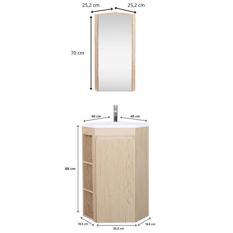 Ensemble meuble sous vasque d'angle sur pieds avec vasque en résine, robinet chromé et armoire de toilette