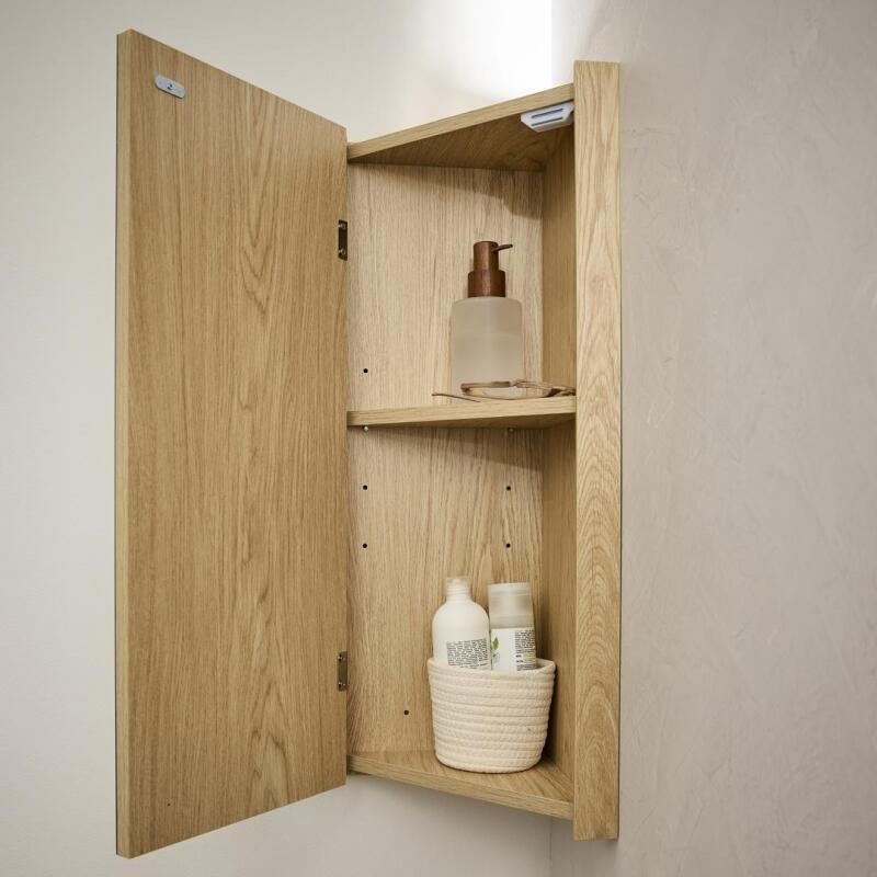Ensemble meuble sous vasque d'angle sur pieds avec vasque en résine, robinet chromé et armoire de toilette