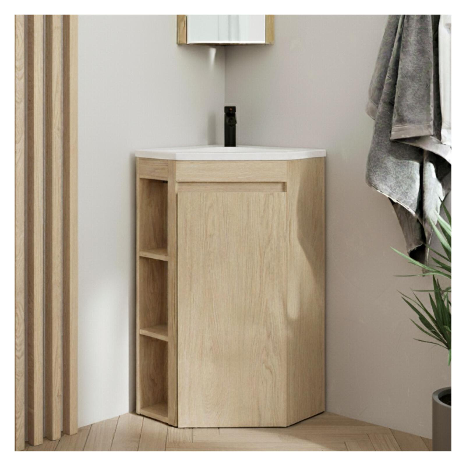 Ensemble meuble sous vasque d'angle sur pieds avec vasque en résine et robinet noir