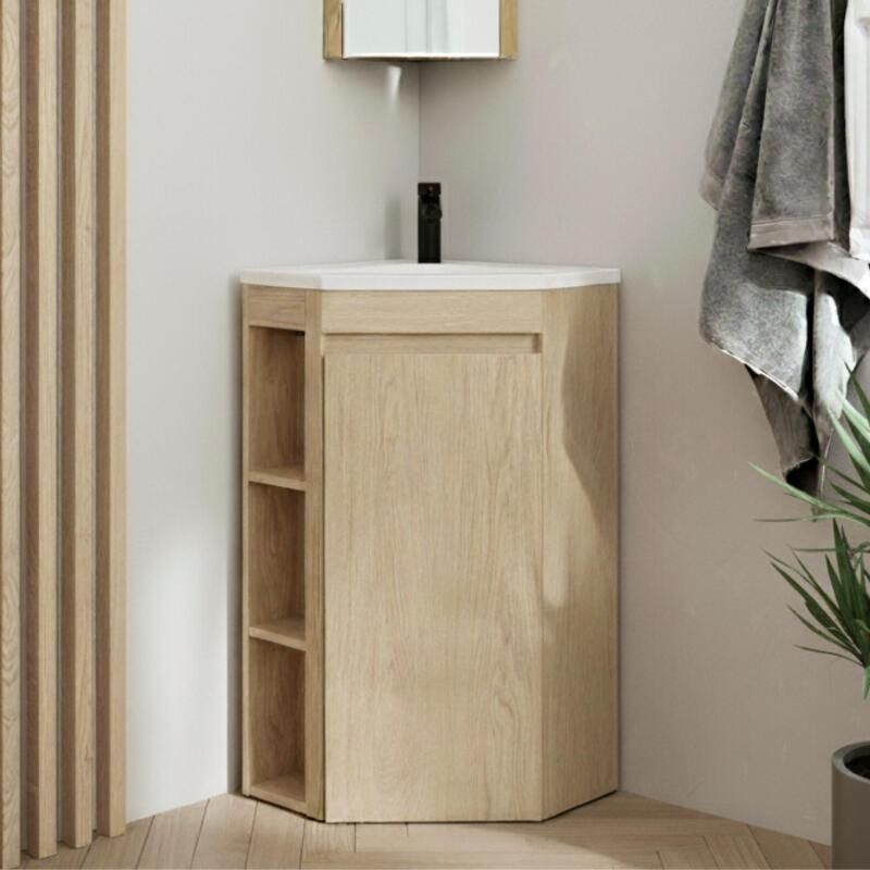 Ensemble meuble sous vasque d'angle sur pieds avec vasque en résine et robinet noir