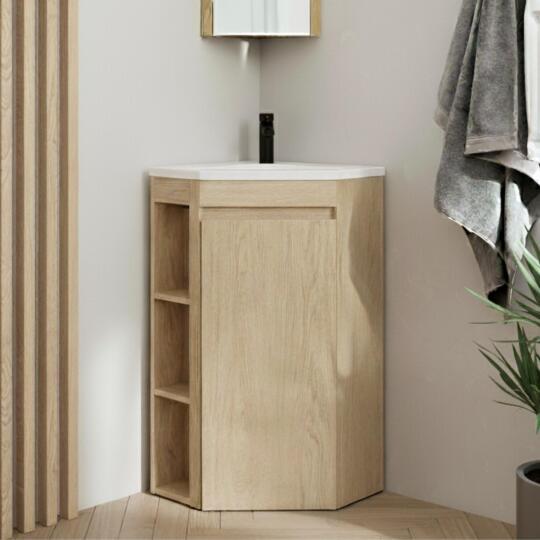 Ensemble meuble sous vasque d'angle sur pieds avec vasque en résine et robinet noir