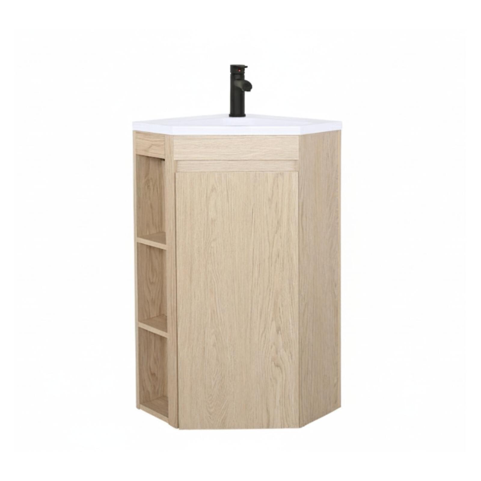 Ensemble meuble sous vasque d'angle sur pieds avec vasque en résine et robinet noir