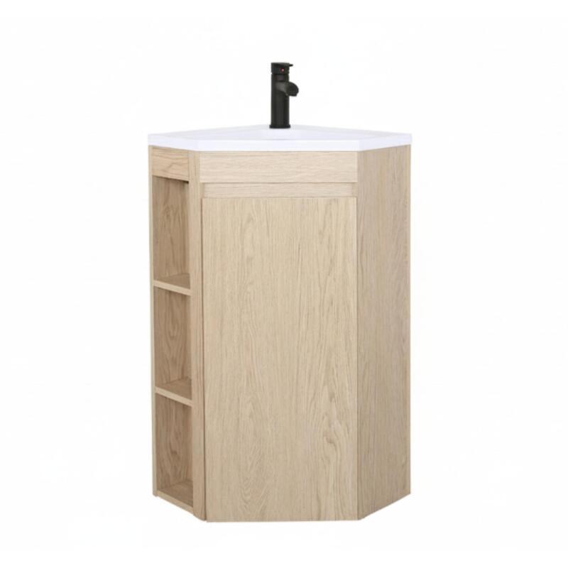 Ensemble meuble sous vasque d'angle sur pieds avec vasque en résine et robinet noir