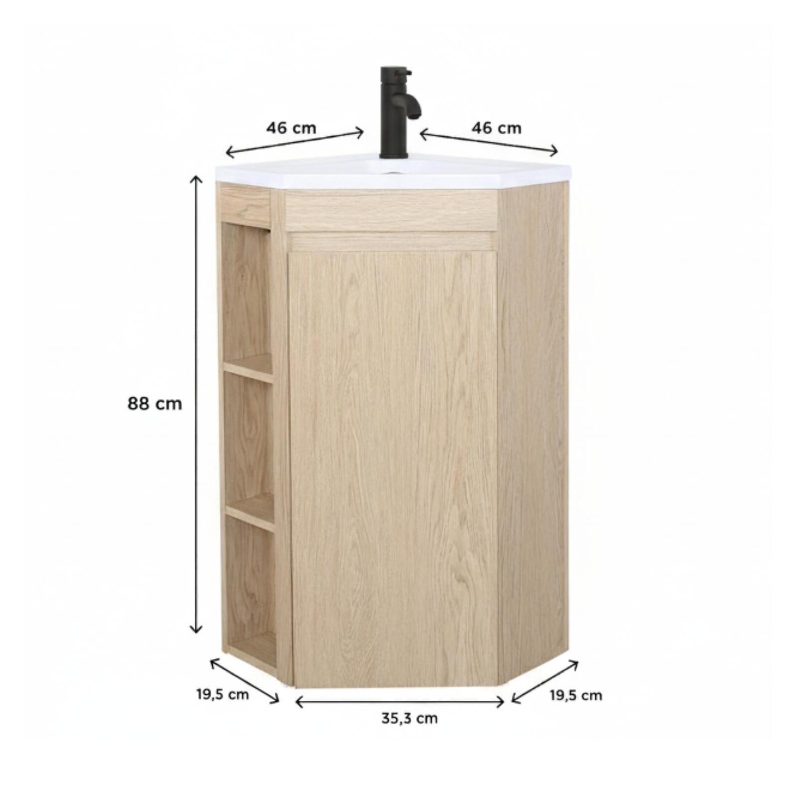 Ensemble meuble sous vasque d'angle sur pieds avec vasque en résine et robinet noir