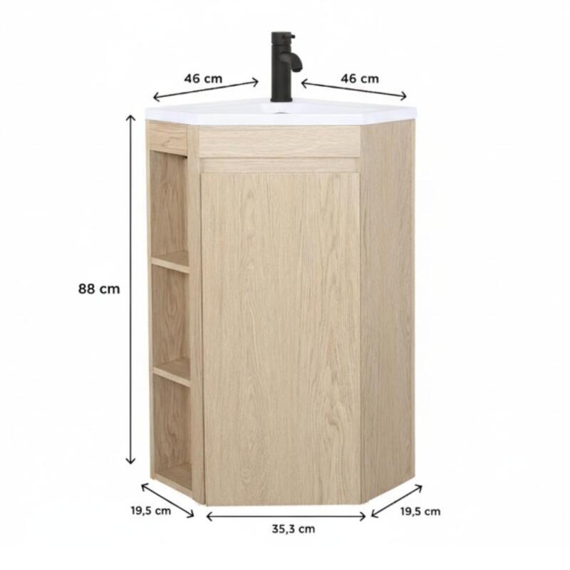 Ensemble meuble sous vasque d'angle sur pieds avec vasque en résine et robinet noir