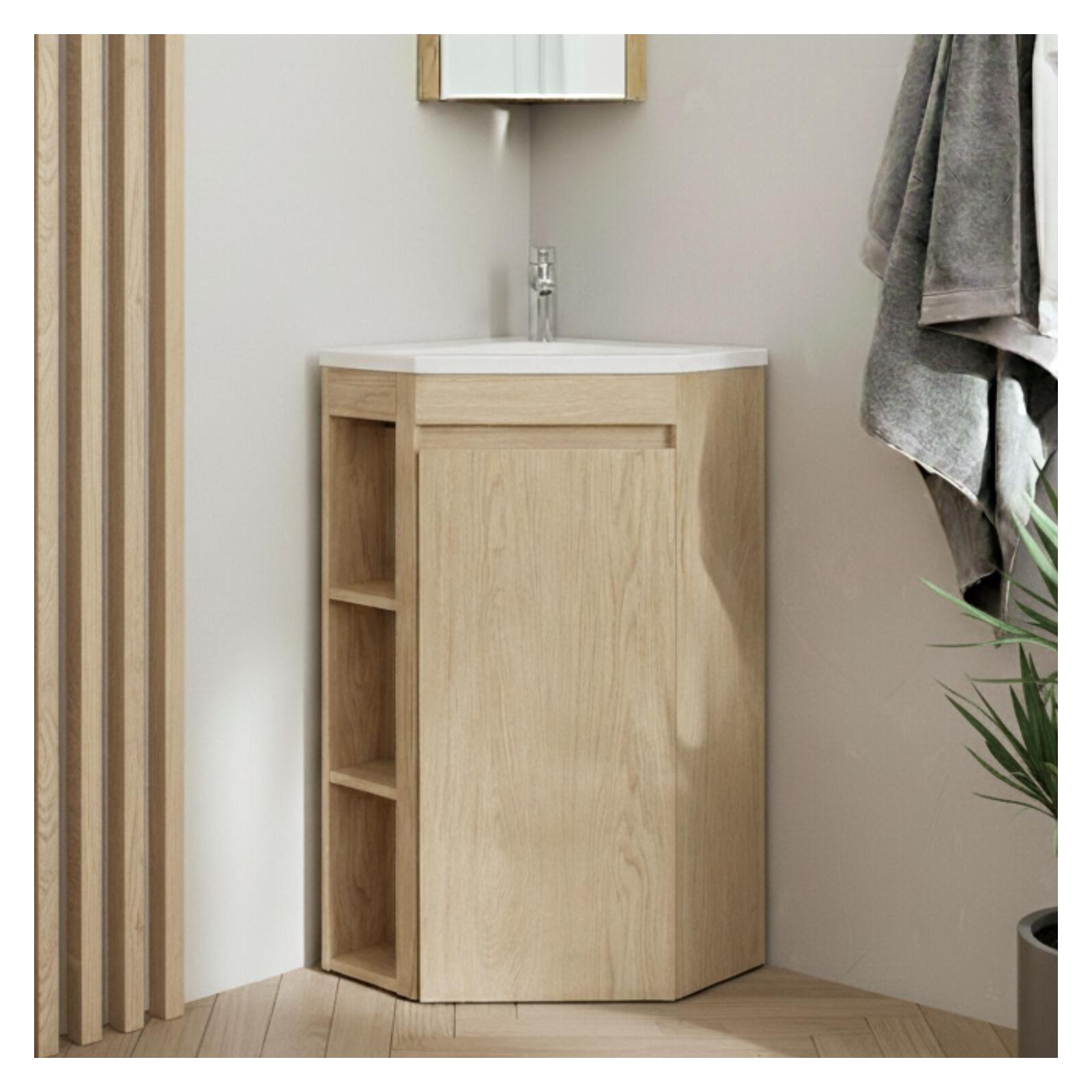 Ensemble meuble sous vasque d'angle sur pieds avec vasque en résine et robinet chromé