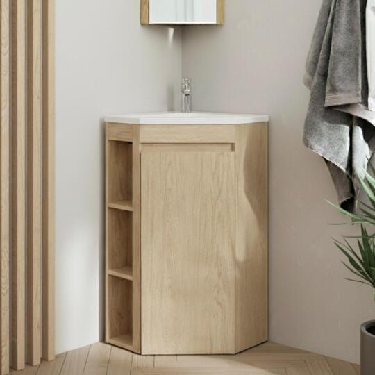 Ensemble meuble sous vasque d'angle sur pieds avec vasque en résine et robinet chromé