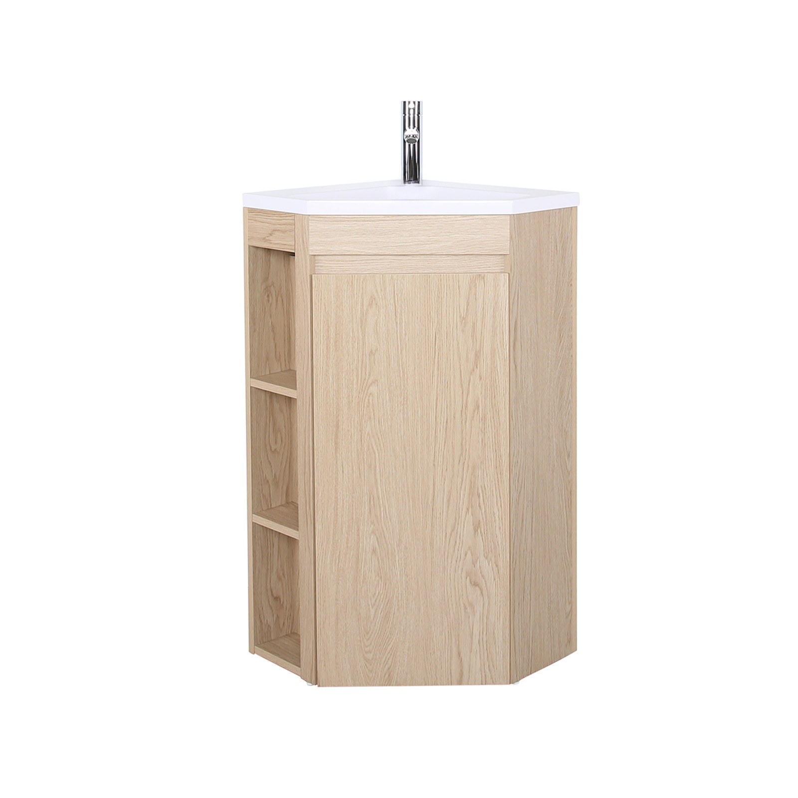 Ensemble meuble sous vasque d'angle sur pieds avec vasque en résine et robinet chromé