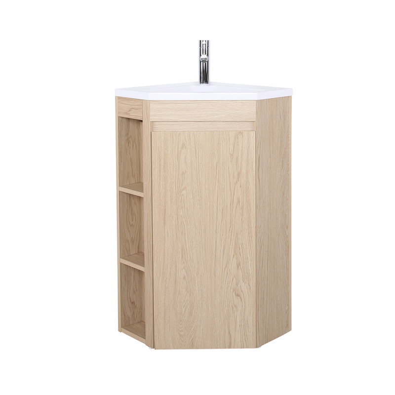 Ensemble meuble sous vasque d'angle sur pieds avec vasque en résine et robinet chromé