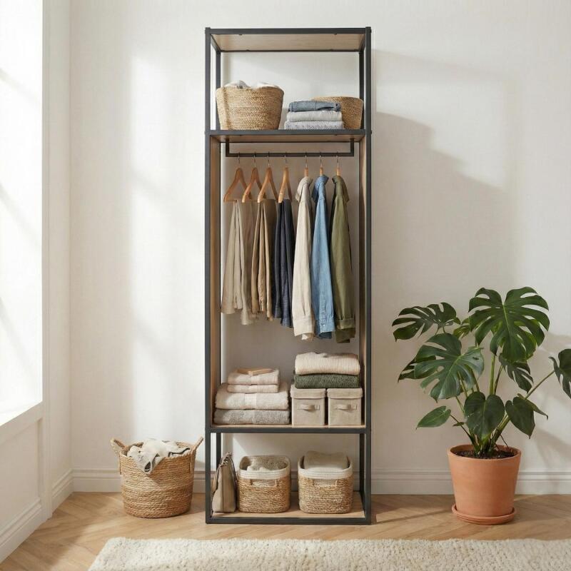 Portant vêtements en bois et métal gris 60x184,5cm