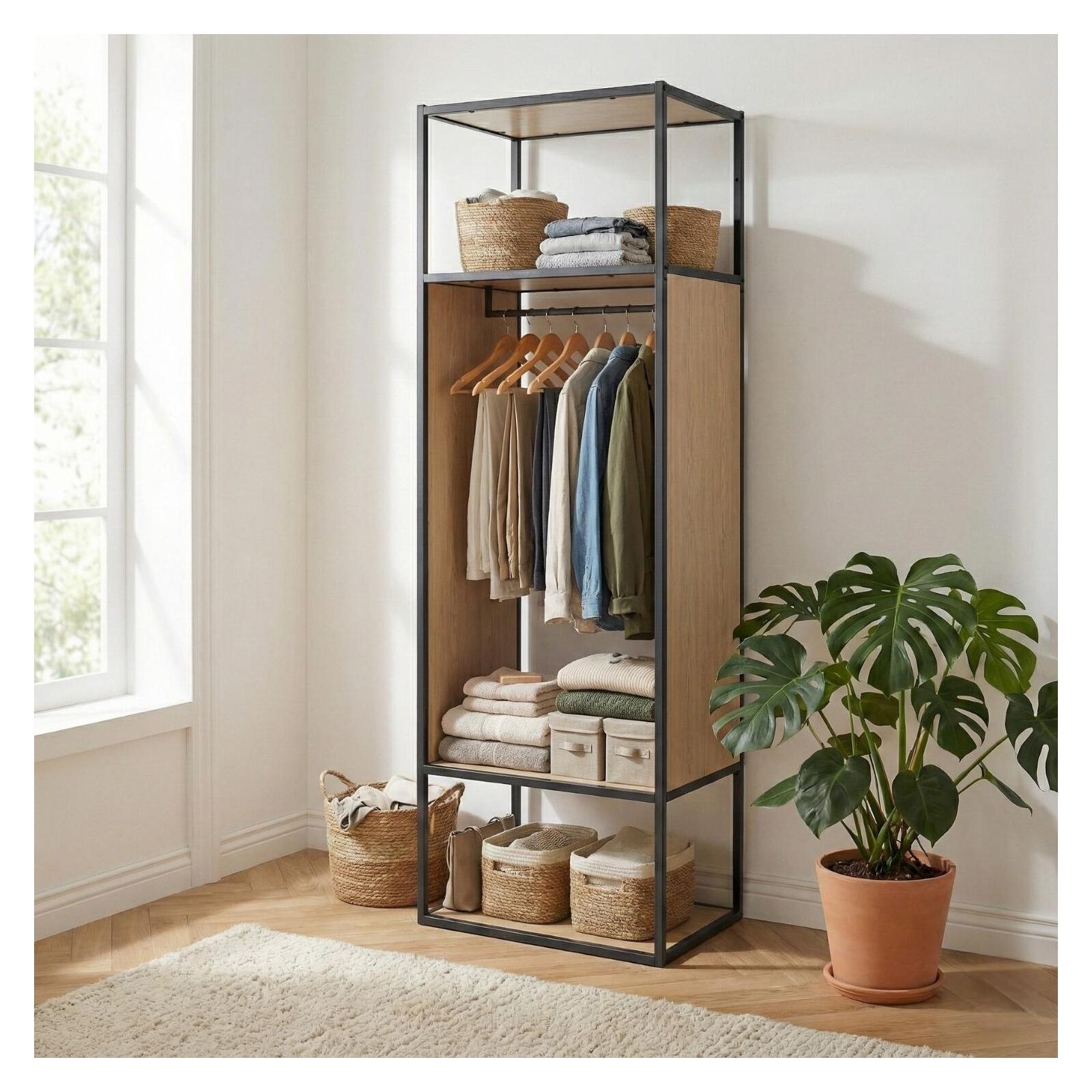 Portant vêtements en bois et métal gris 60x184,5cm