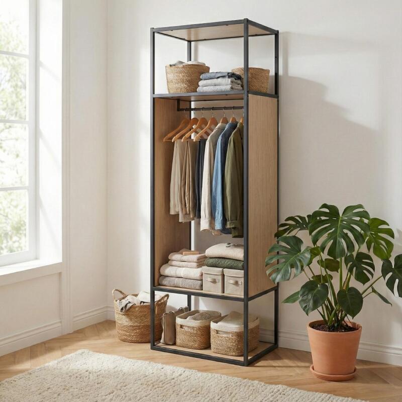 Portant vêtements en bois et métal gris 60x184,5cm