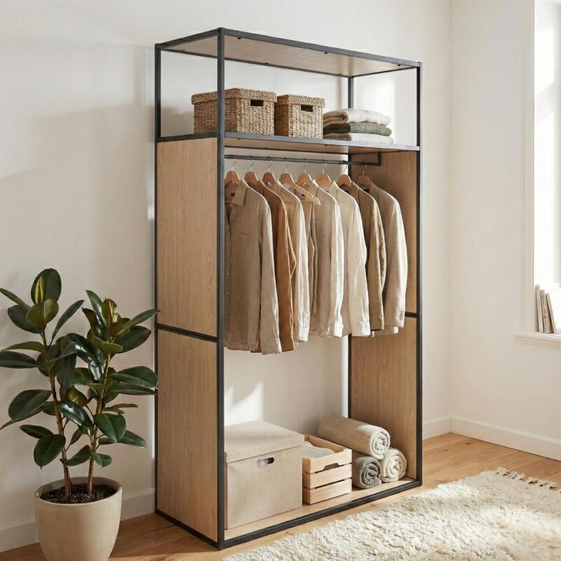 Portant vêtements en bois et métal gris 110x184,5cm