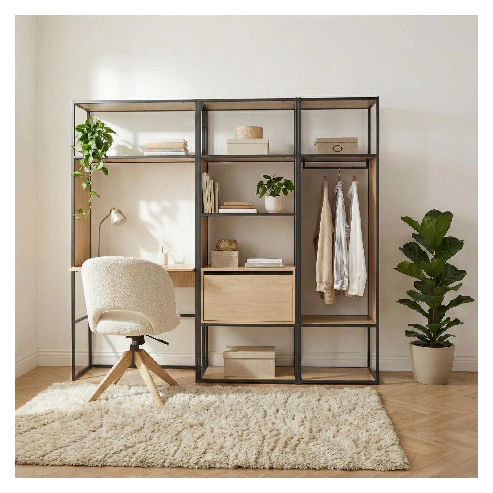 Lot de 3 portants vêtements en bois et métal gris 250x184.5cm - avec bureau intégré