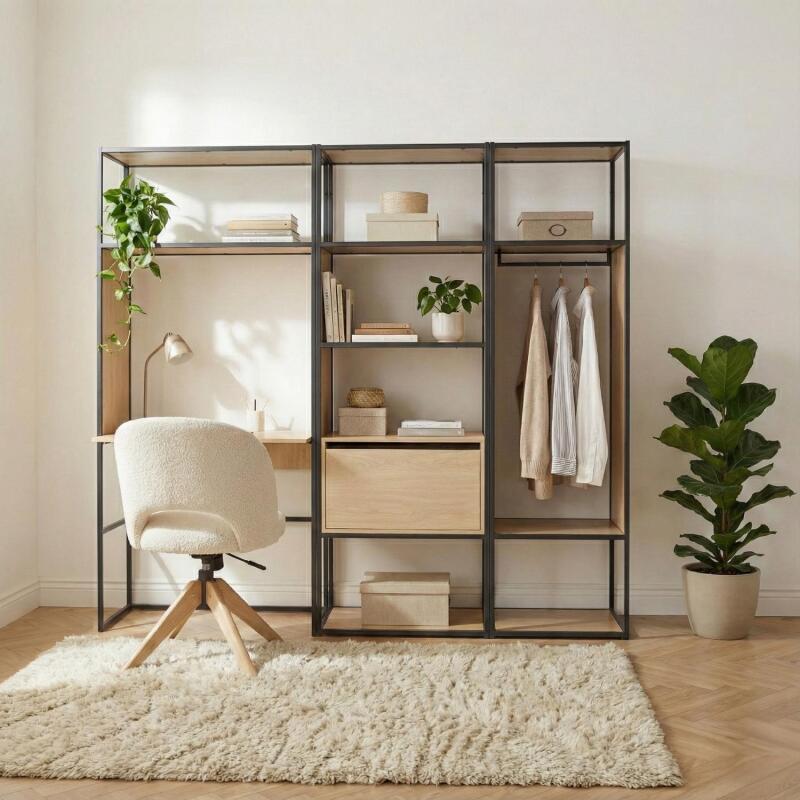 Lot de 3 portants vêtements en bois et métal gris 250x184.5cm - avec bureau intégré