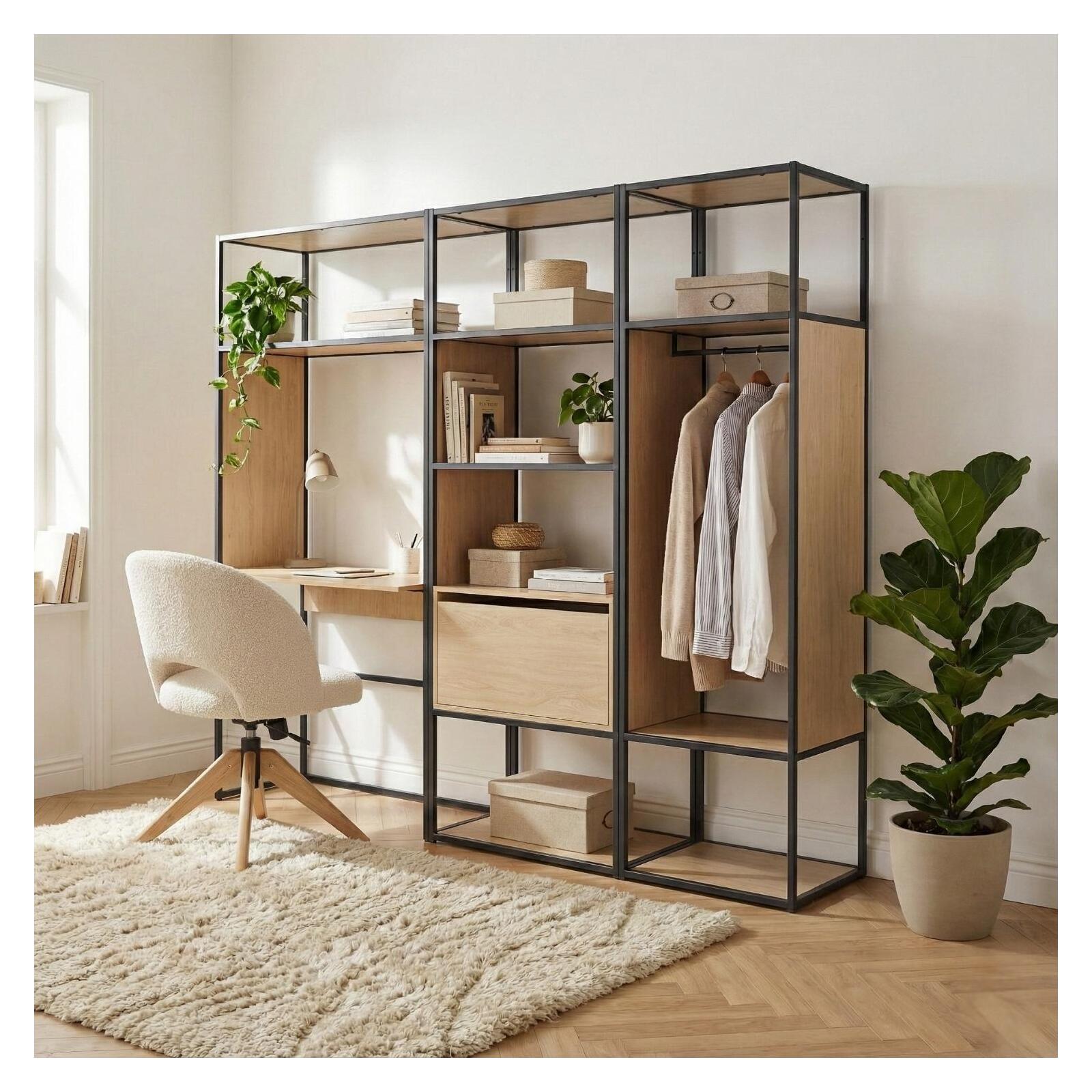 Lot de 3 portants vêtements en bois et métal gris 250x184.5cm - avec bureau intégré