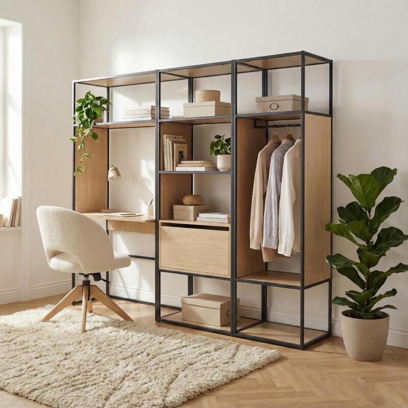 Lot de 3 portants vêtements en bois et métal gris 250x184.5cm - avec bureau intégré