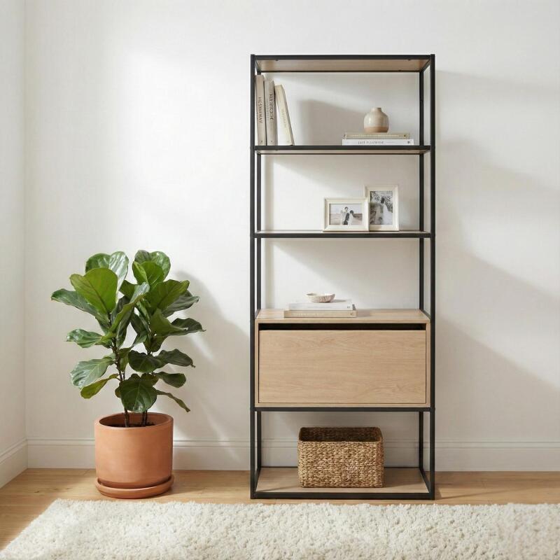 Portant vêtements en bois et métal gris 80x184,5cm - avec tiroir