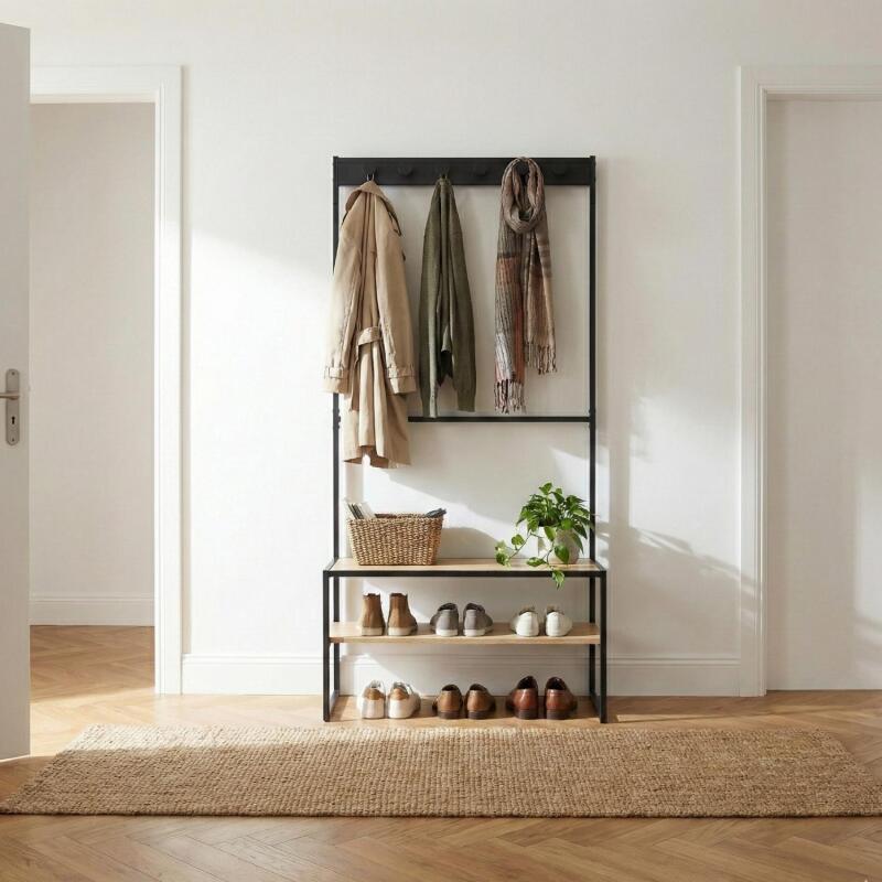 Portant d'entrée bois et métal 90x180cm - avec banc intégré