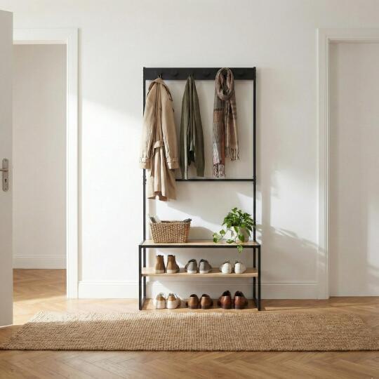 Portant d'entrée bois et métal 90x180cm - avec banc intégré