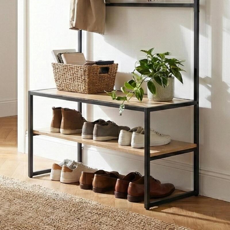 Portant d'entrée bois et métal 90x180cm - avec banc intégré