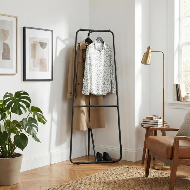 Portant vêtements d'angle en métal gris tubulaire 72x170cm