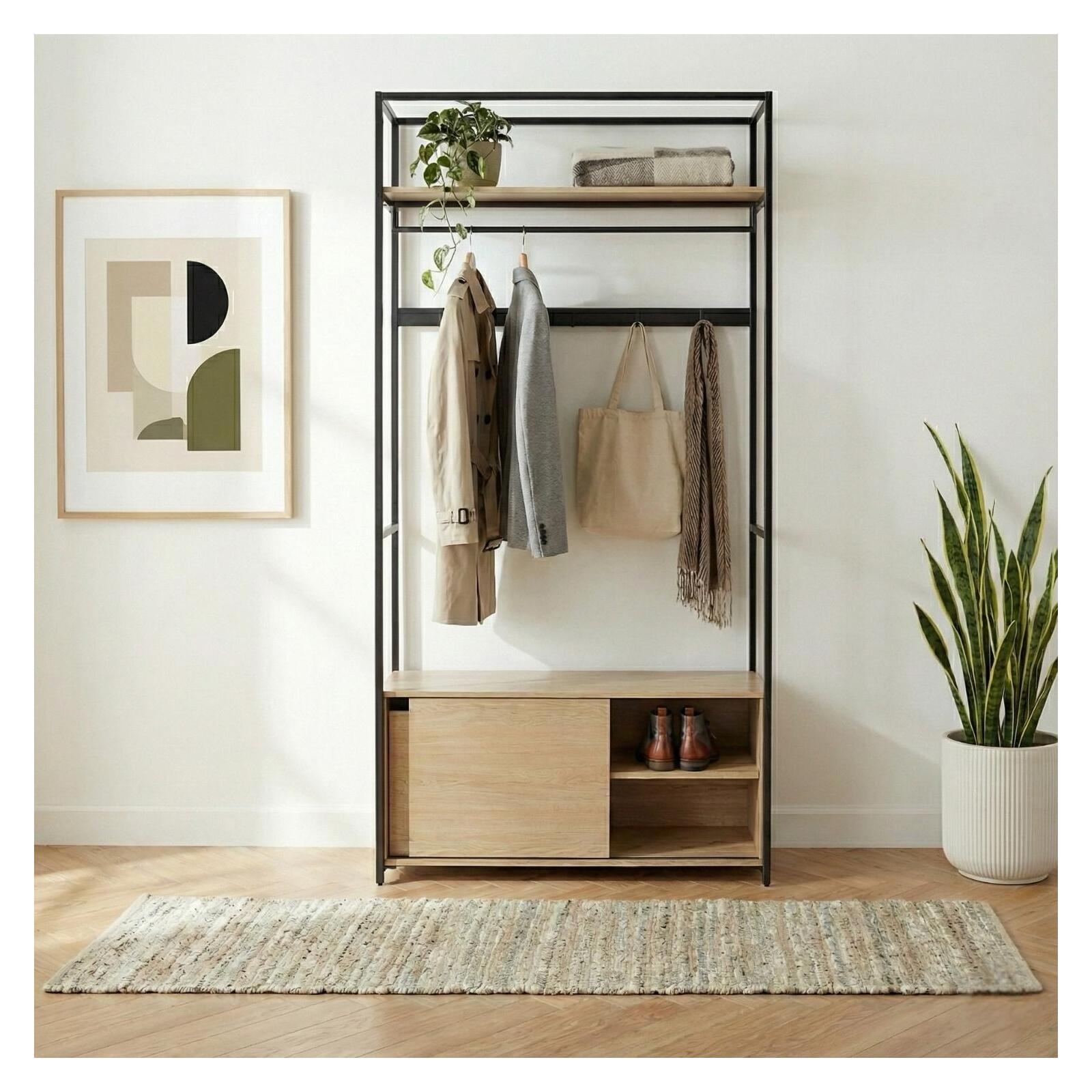 Portant d'entrée en bois et métal noir 110x200cm - rangement fermé et patères