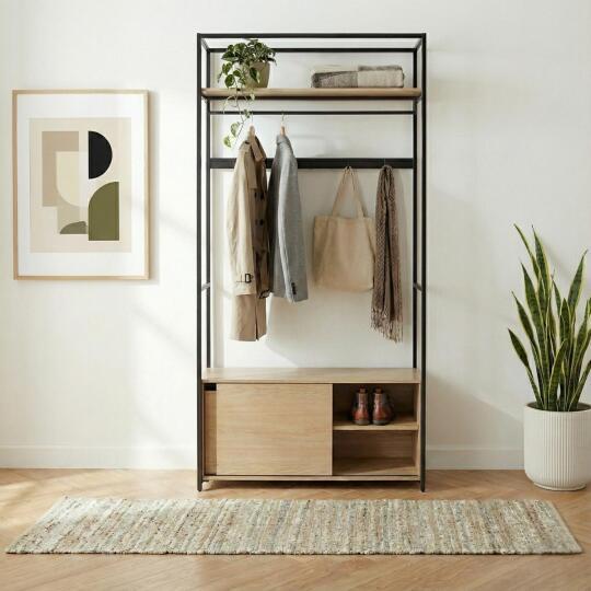 Portant d'entrée en bois et métal noir 110x200cm - rangement fermé et patères