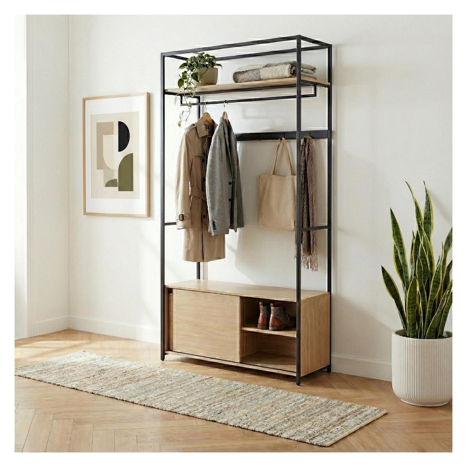 Portant d'entrée en bois et métal noir 110x200cm - rangement fermé et patères