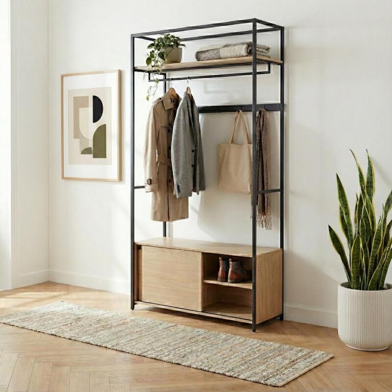 Portant d'entrée en bois et métal noir 110x200cm - rangement fermé et patères