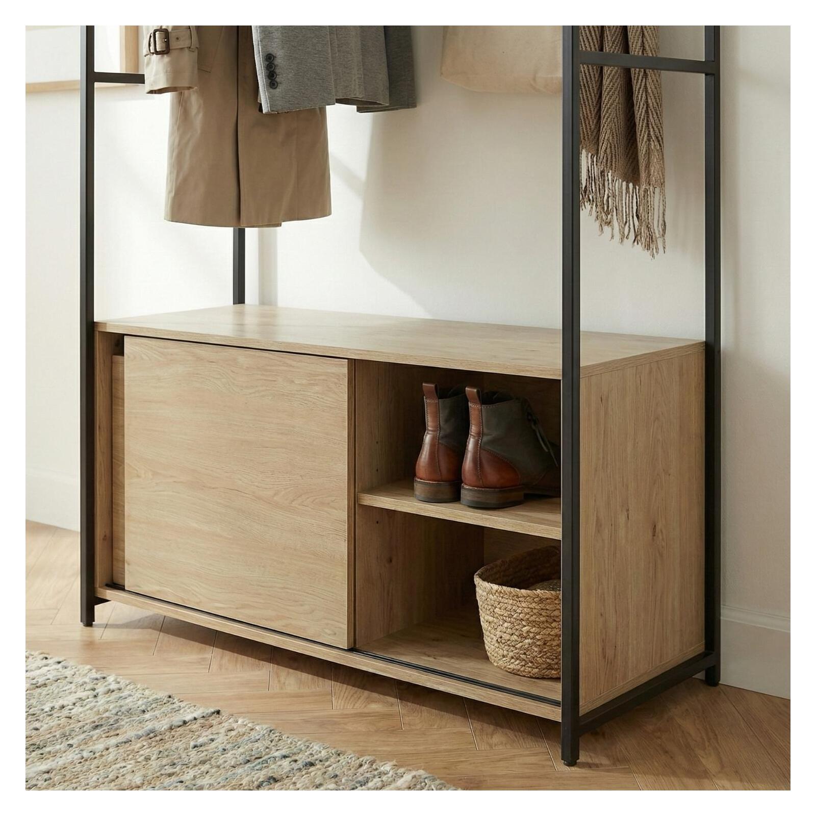 Portant d'entrée en bois et métal noir 110x200cm - rangement fermé et patères