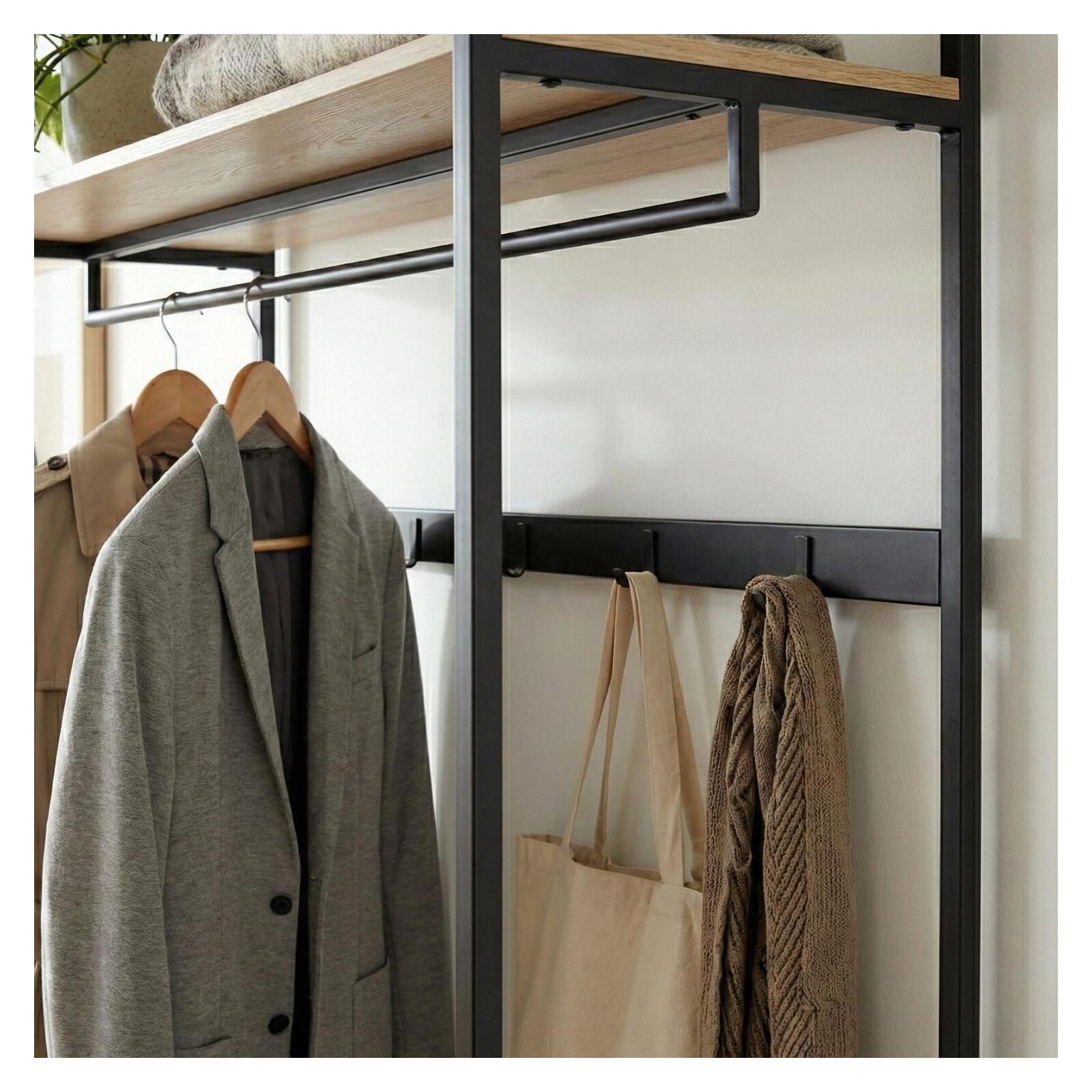 Portant d'entrée en bois et métal noir 110x200cm - rangement fermé et patères