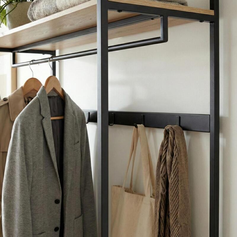 Portant d'entrée en bois et métal noir 110x200cm - rangement fermé et patères