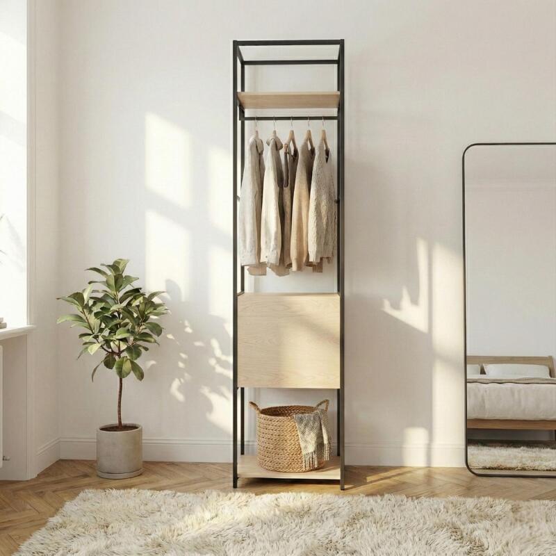 Portant vêtements en bois et métal noir 50x200cm - rangement fermé