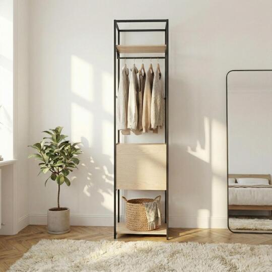 Portant vêtements en bois et métal noir 50x200cm - rangement fermé