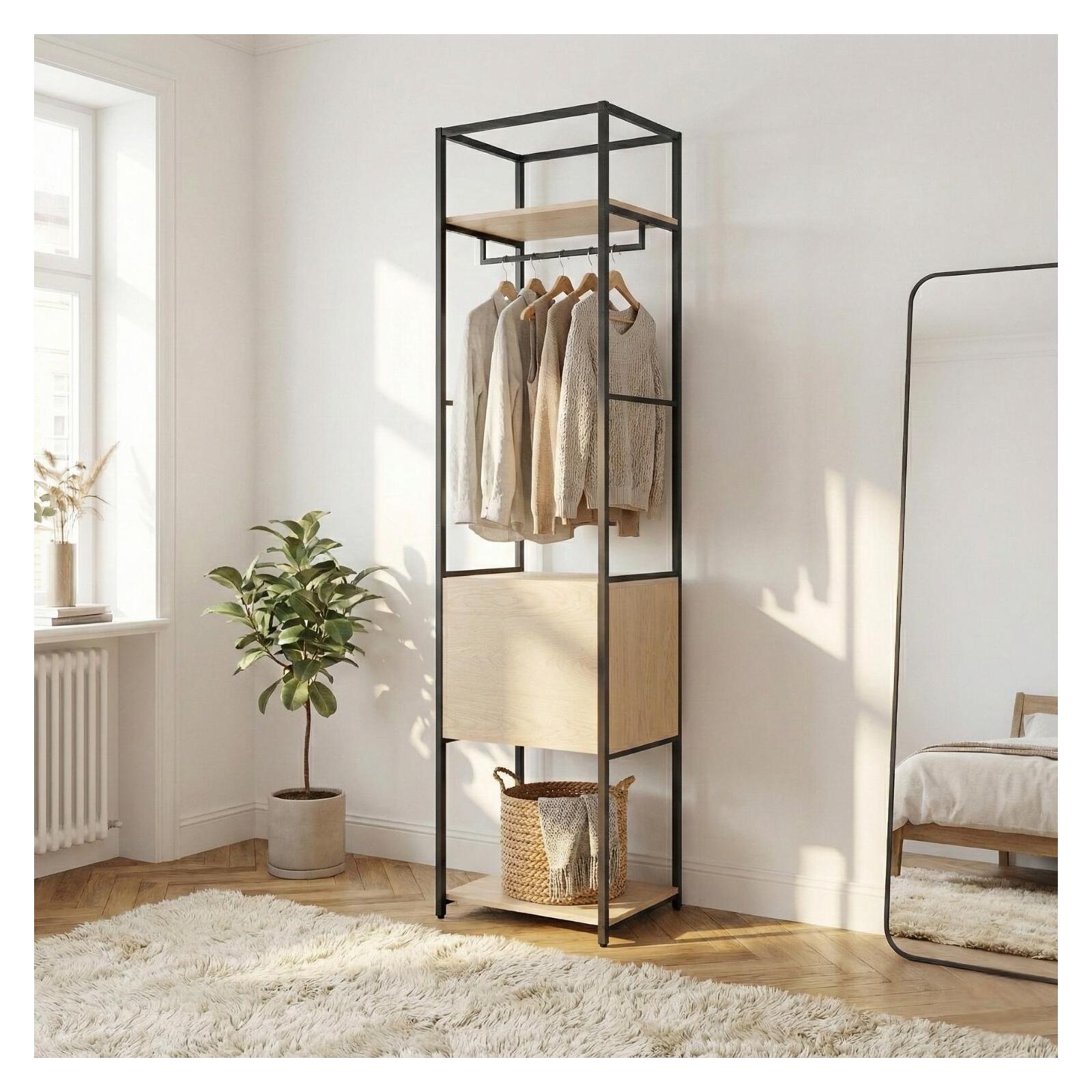 Portant vêtements en bois et métal noir 50x200cm - rangement fermé