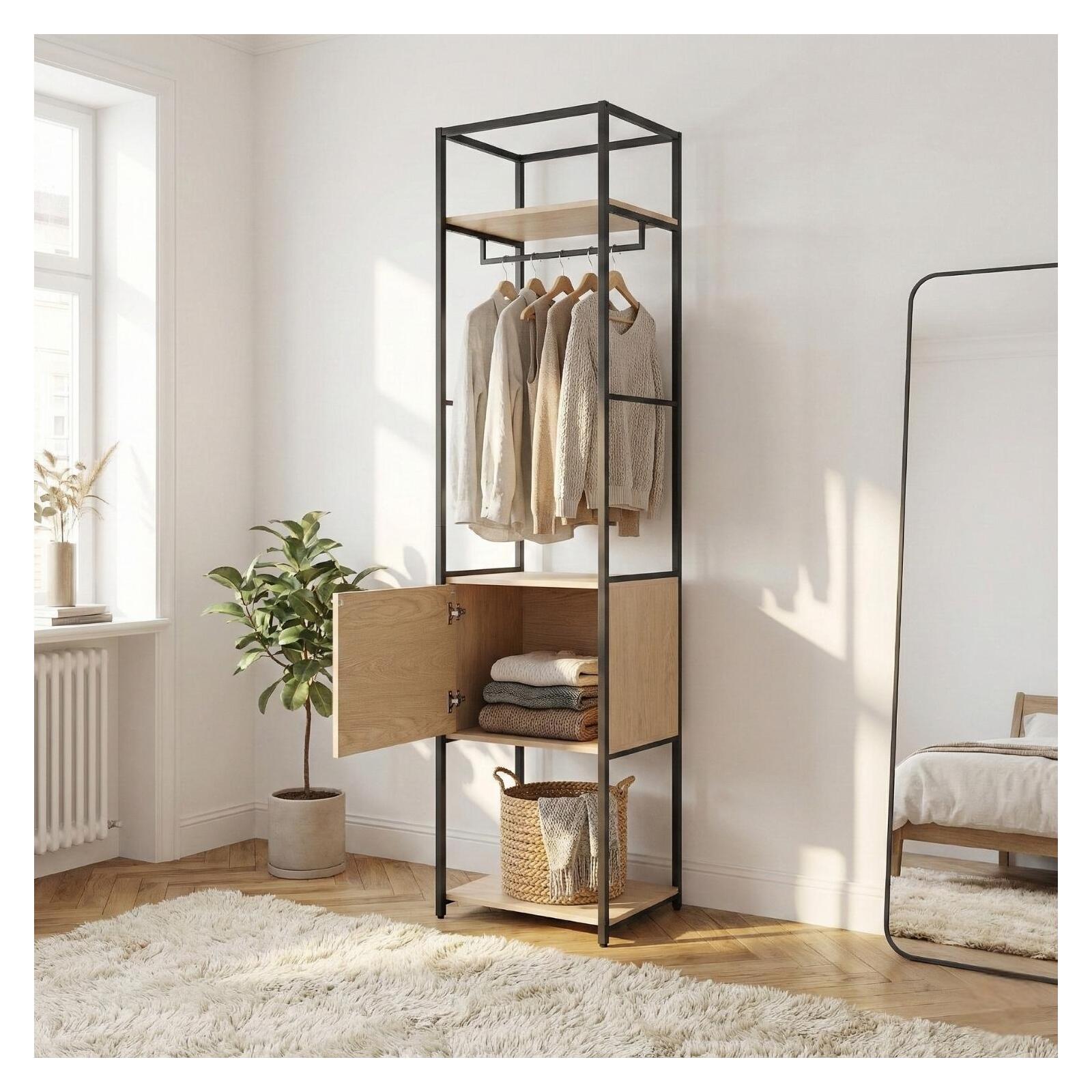 Portant vêtements en bois et métal noir 50x200cm - rangement fermé