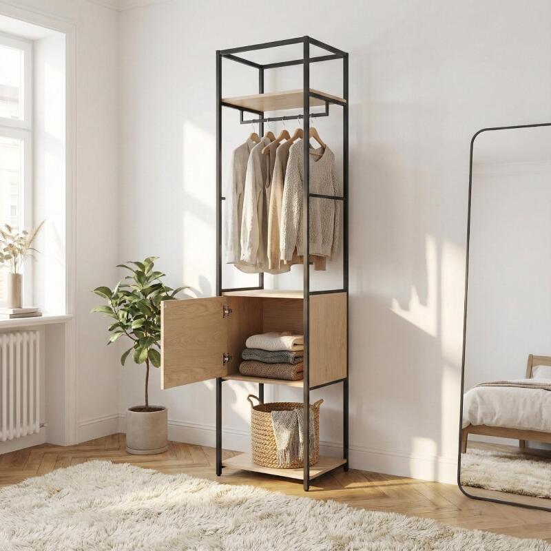 Portant vêtements en bois et métal noir 50x200cm - rangement fermé