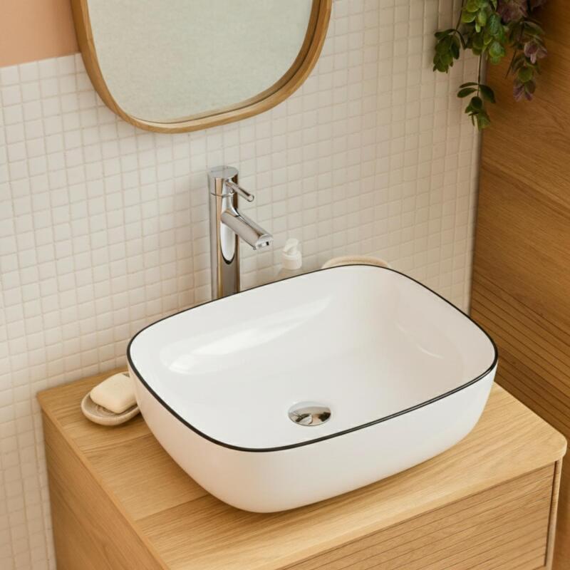 Vasque à poser rectangulaire en céramique blanche avec liseret noir 48x37cm