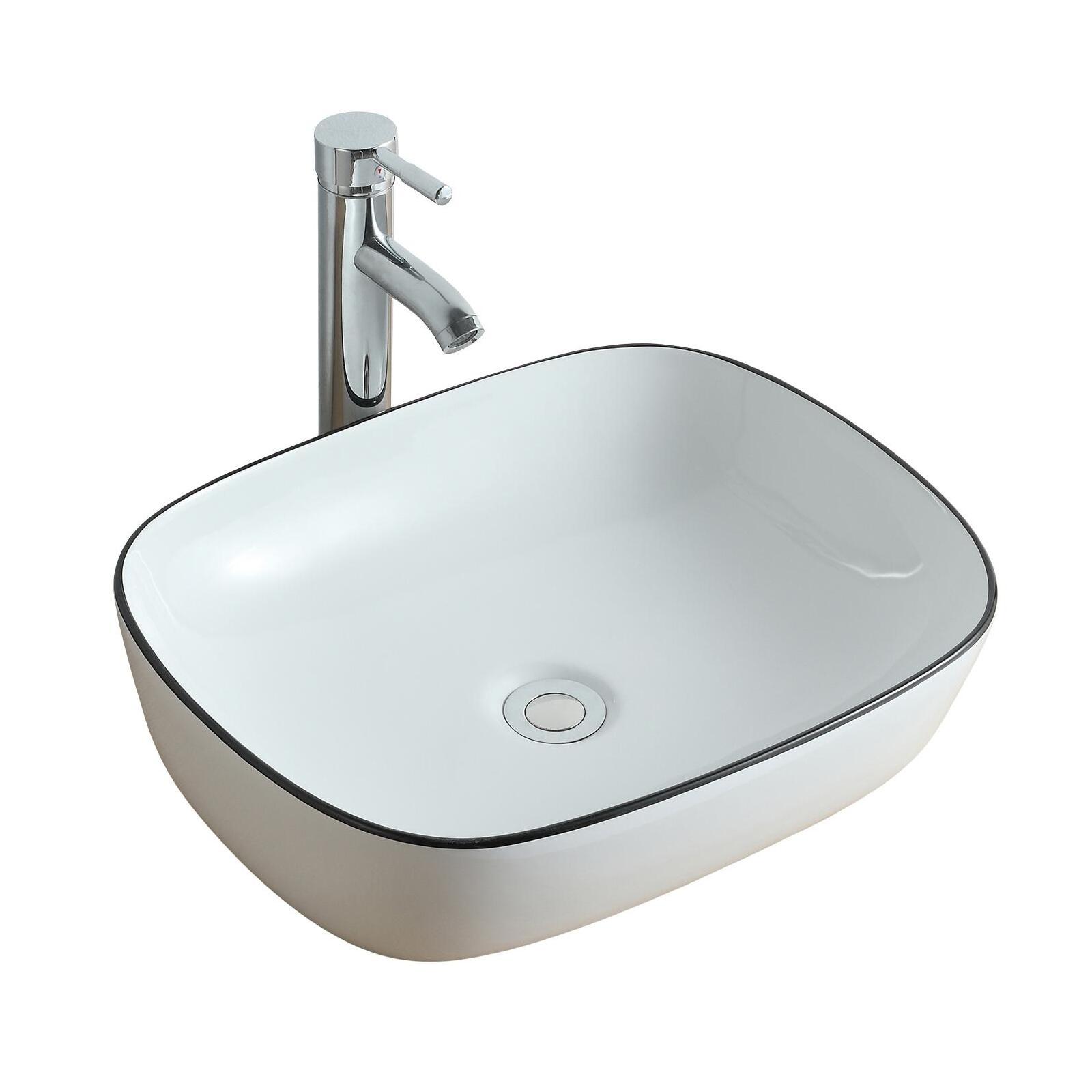 Vasque à poser rectangulaire en céramique blanche avec liseret noir 48x37cm