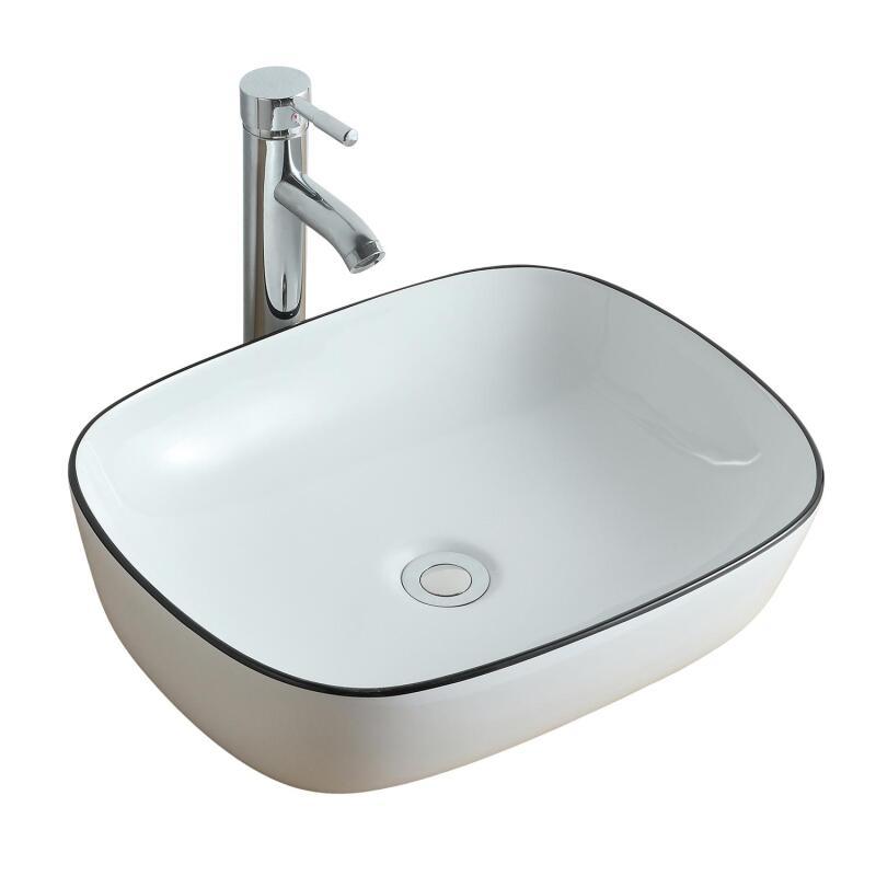 Vasque à poser rectangulaire en céramique blanche avec liseret noir 48x37cm