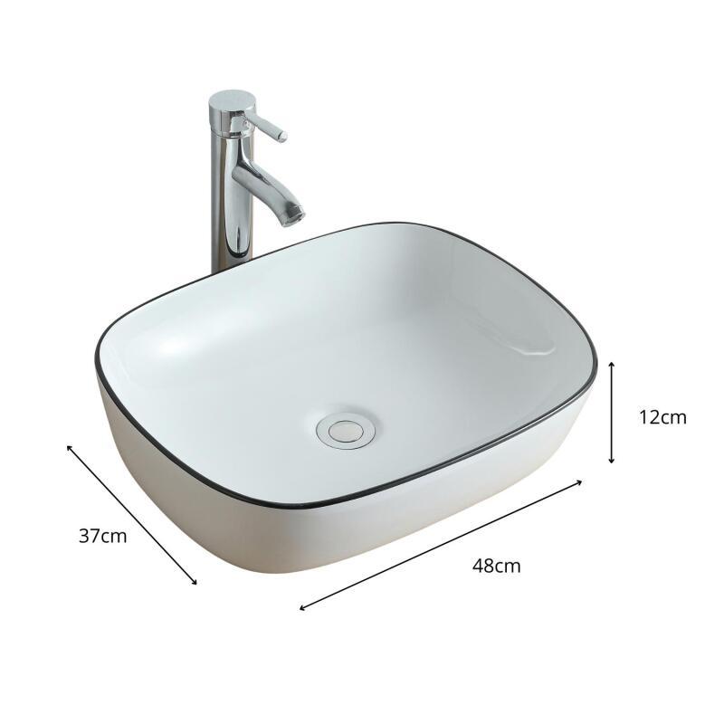 Vasque à poser rectangulaire en céramique blanche avec liseret noir 48x37cm