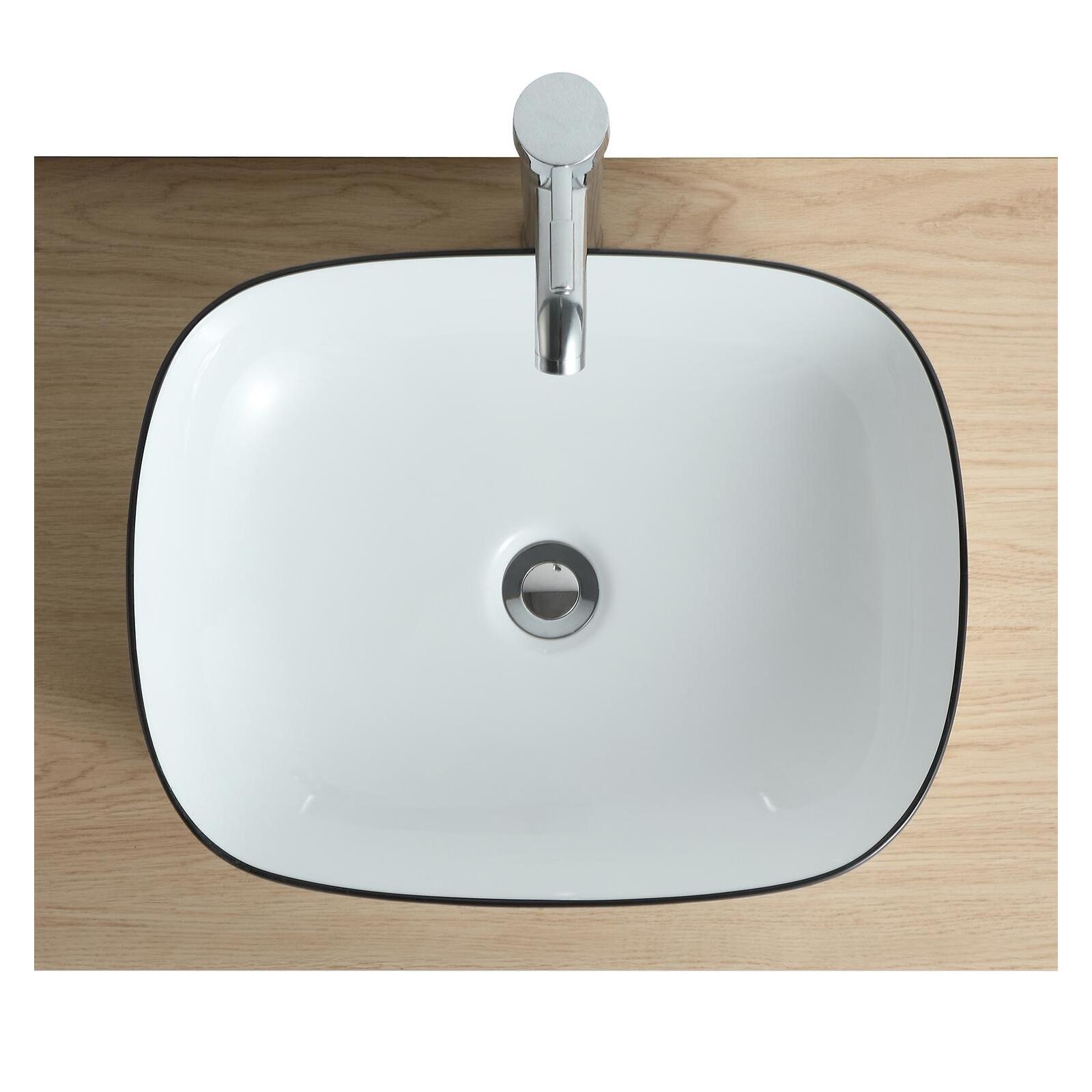 Vasque à poser rectangulaire en céramique blanche avec liseret noir 48x37cm